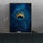 Peacock feather painting in vivid blue and gold, framed in gold and styled on a deep green sideboard with gold candlesticks—luxury home decor