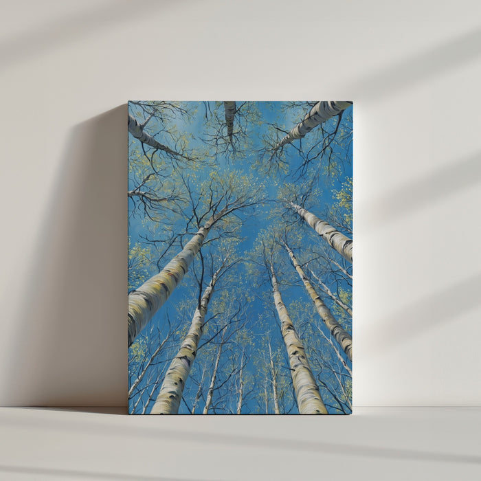 Tableau nature bouleaux blancs contre-plongée ciel bleu ambiance zen minimaliste mur blanc