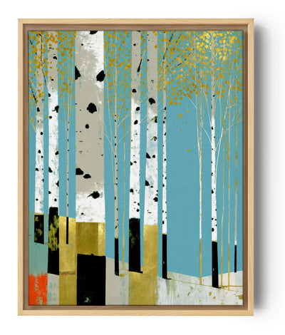 Contemporary birch forest canvas print with white trunks and gold leaves on blue background, modern wall decor