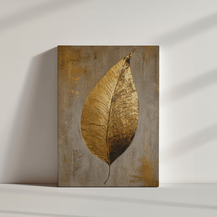 Leinwandbild goldenes Blatt auf grauem, texturiertem Hintergrund, minimalistische Wanddeko in cleaner Optik