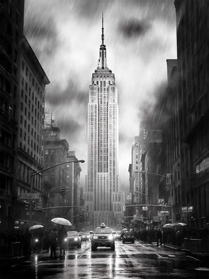 Black and white photo capturing a vibrant New York alley with the Empire State Building in the background