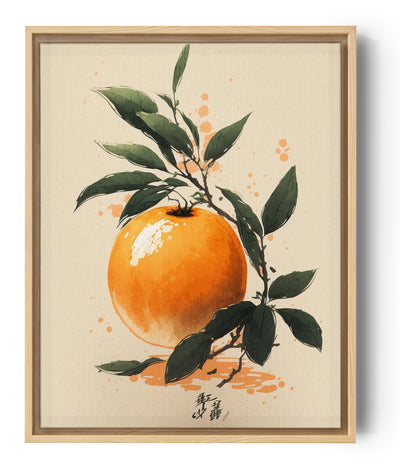 fruitschilderij, een sinaasappel met een klein blaadje, eenvoudig, effen kleur, Oost-Indische inktstijl