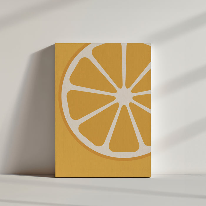 Flat-design orange slice graphic on a vivid orange background, segments and white pith visible
