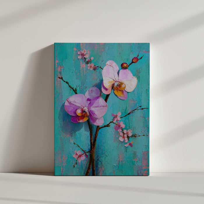 Tableau fleurs orchidées roses et blanches turquoise texturé décoration intérieur épuré lumineux