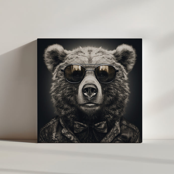 Humorous animal photograph of a trendy bear wearing glasses