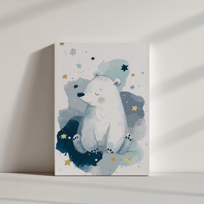 Illustration d'un adorable ours polaire entouré d'étoiles sur fond aquarelle bleu, style enfantin et rêveur