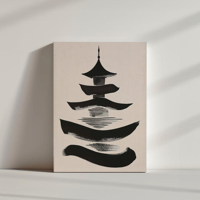 Minimalist ink wash sumi-e painting of a Japanese pagoda