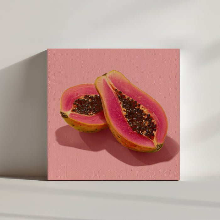 Sliced papaya on pastel pink background, colorful tropical aesthetic
