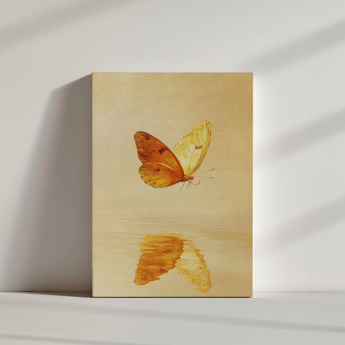 Gold butterfly over water with soft reflection, minimalist beige art print