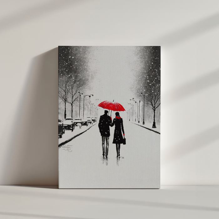 Snowy landscape wall art featuring a red umbrella symbolizing love and hope