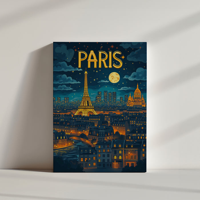Colorful Paris Night Illustration with the Eiffel Tower, Sacré-Cœur (Sacre Coeur), Full Moon and Starry Sky