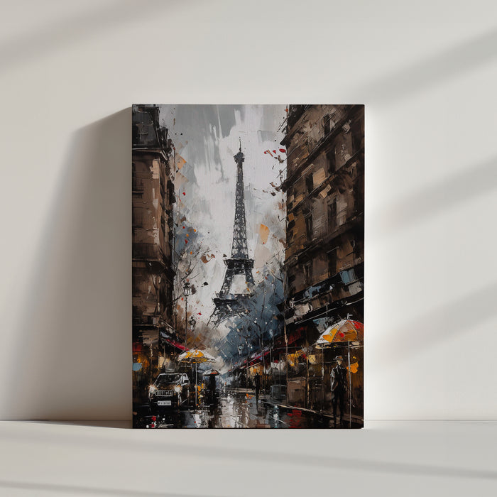 Paris wall art, bustling alley with Eiffel Tower view