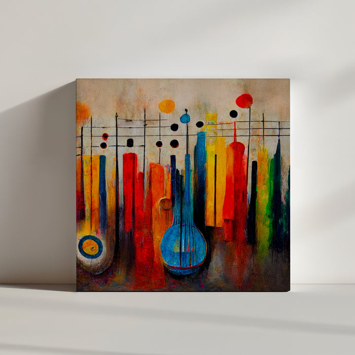 Multicolored abstract music canvas with a blue string instrument overlaid on sheet music and vibrant notes
