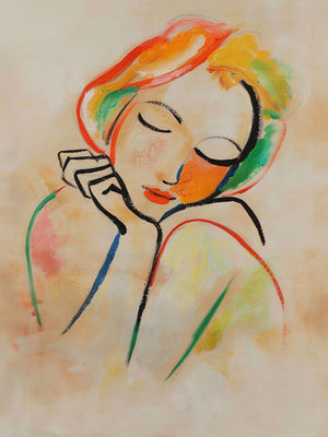 A painting of a woman with colored hair and soft features, created with pastel colors and simple black lines, shows a peaceful expression with closed eyes.