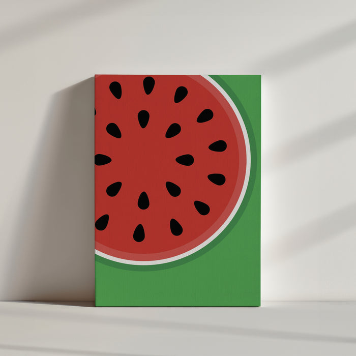 Red watermelon slice with black seeds on a vivid green background - fresh, vibrant fruit art