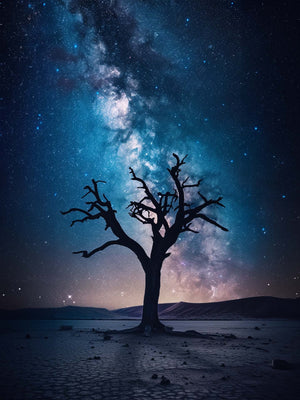 canvas photo of dark leafless tree, African landscape, starry night sky.