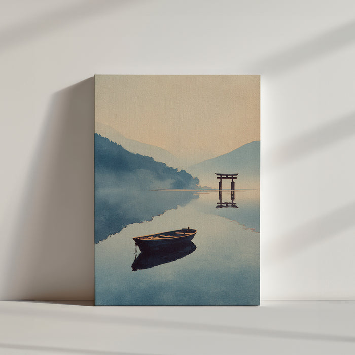 Paysage serein à l'aquarelle avec barque et torii, ambiance zen