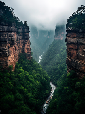Impressive canyon photograph shrouded in mist, with light rain falling on a cloudy midsummer day