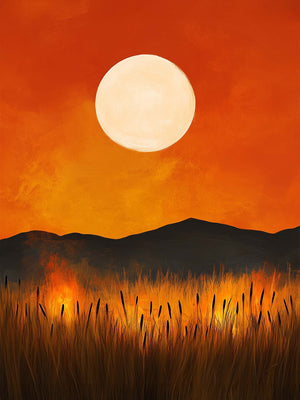 A vibrant sunset painting featuring a large white moon illuminating reeds and grasses in warm orange and yellow tones, ideal for natural wall decor.