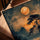 Paysage japonais lune pin tableau pour salon cadre chêne doré