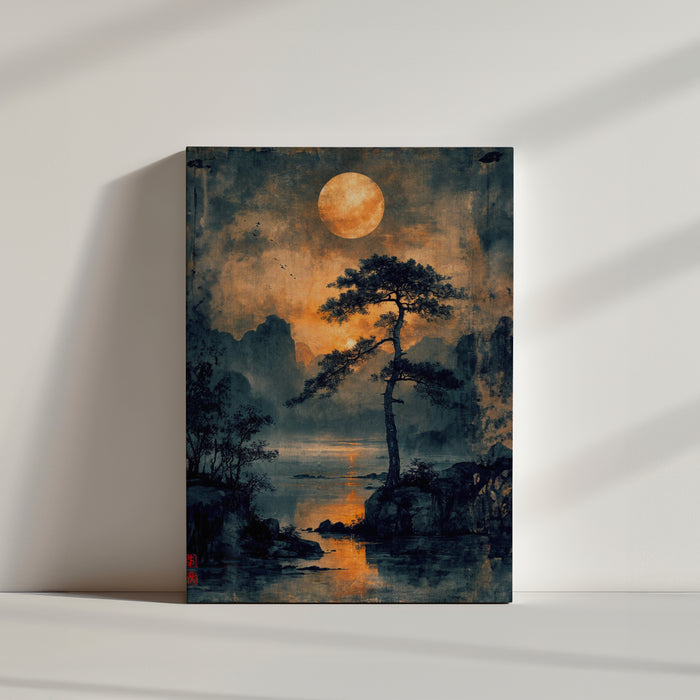 Tableau décoratif vintage représentant un paysage japonais avec pleine lune et silhouette d'arbre.
