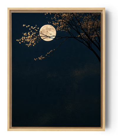 Tableau paysage nocturne pleine lune dorée et branches fleuries, ambiance zen inspirée du Japon