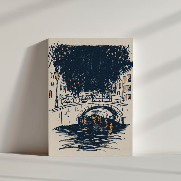 Tableau paysage urbain canal Amsterdam vélos pont lumières dorées bleu nuit ambiance épurée minimaliste