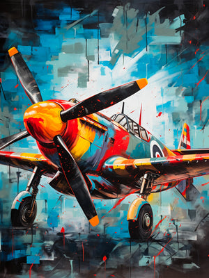 Vibrant and energetic illustration of a fighter jet, with vivid colors and dynamic splashes on a tumultuous blue background.