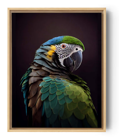 Levendig detail van het papegaai schilderij, met zijn blauwe en groene veren die stralen van realisme.
