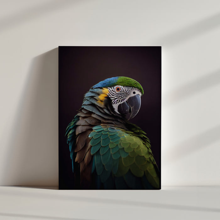 Vibrant close-up of macaw painting, vivid blue and green feathers in lifelike detail