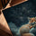Sleeping fox starry night wall art for the living room, framed in golden oak