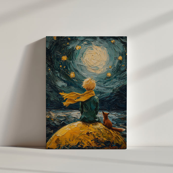 Peinture du Petit Prince et son renard assis sur une planète, avec une vue féérique de l'univers. Idéale pour une chambre d'enfant.