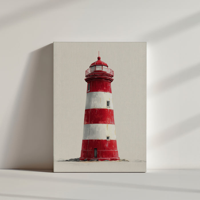 Tableau décoratif d'un phare rouge et blanc sur fond minimaliste, style marin épuré