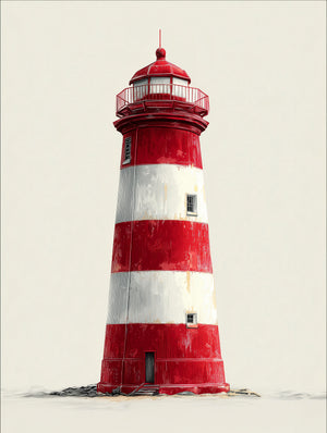 Decorative art of a red and white lighthouse on a minimalist background, marine style