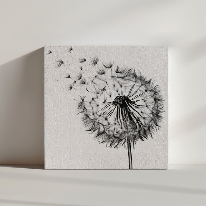 Minimalist black ink dandelion seed head on white, seeds drifting in the wind