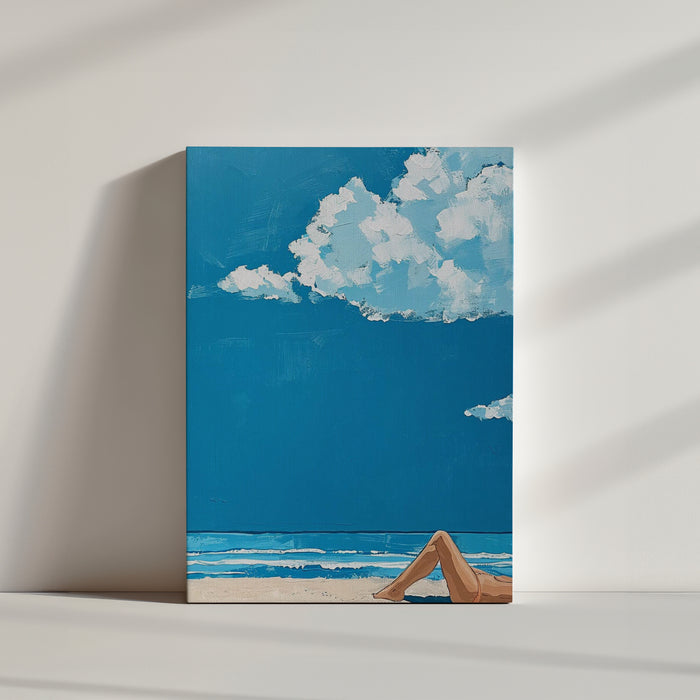 Minimalist beach view canvas wall art with a sunbathing woman, painting effect