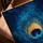 Blue-and-gold peacock feather wall art with a golden oak frame for the living room