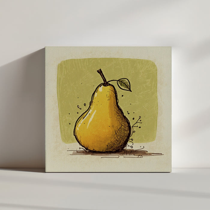 Hand-drawn yellow pear wall art for kitchen decor, refined shading and gradients on a beige and green backdrop