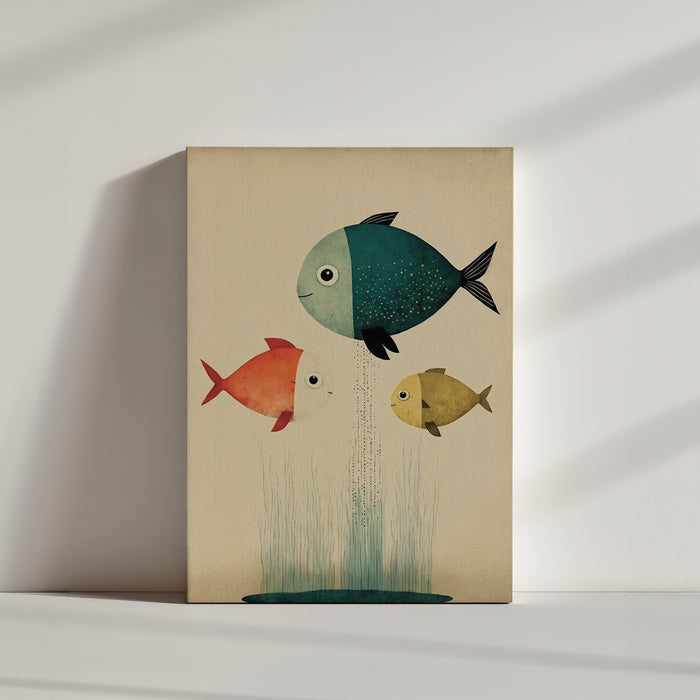 Kids' fish wall art featuring three colorful, happy fish in an aquarium