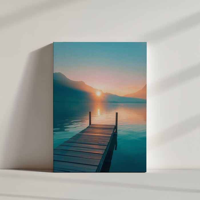 Sunrise photo of a wooden bridge stretching over a calm lake, serene and relaxing ambiance