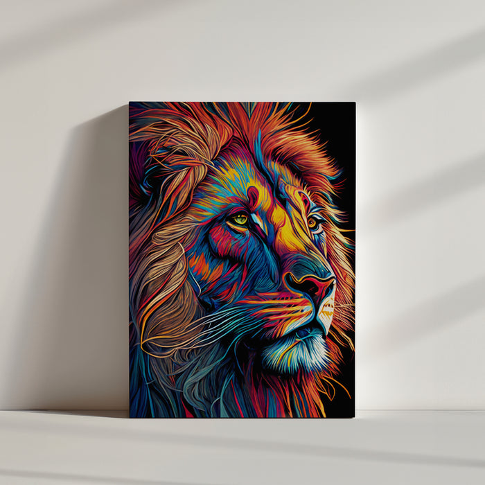 Colorful pop art lion wall art in blue, red, and orange on black with a dynamic stylized mane