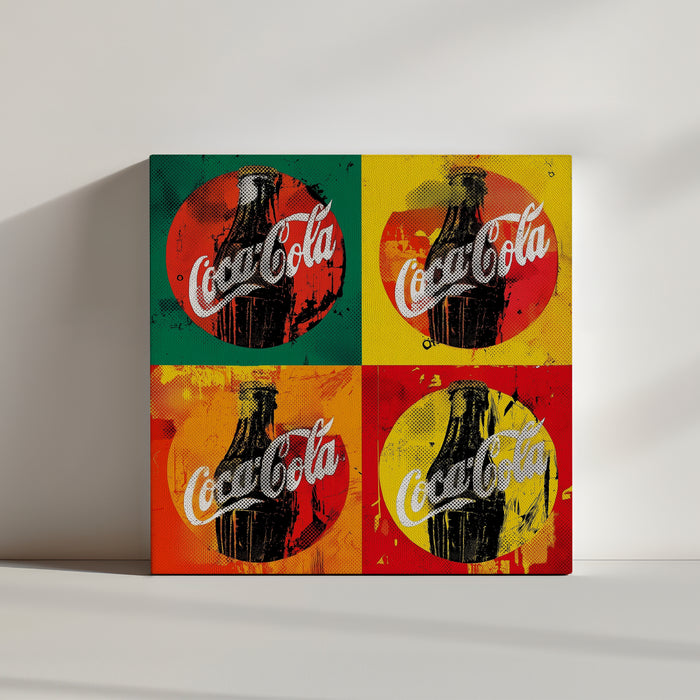 Colorful retro pop art wall decor featuring soda brand logos on bold backgrounds