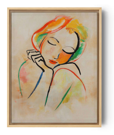 Painting of a woman with colorful hair and soft features in pastel tones, simple black line art, peaceful with eyes closed