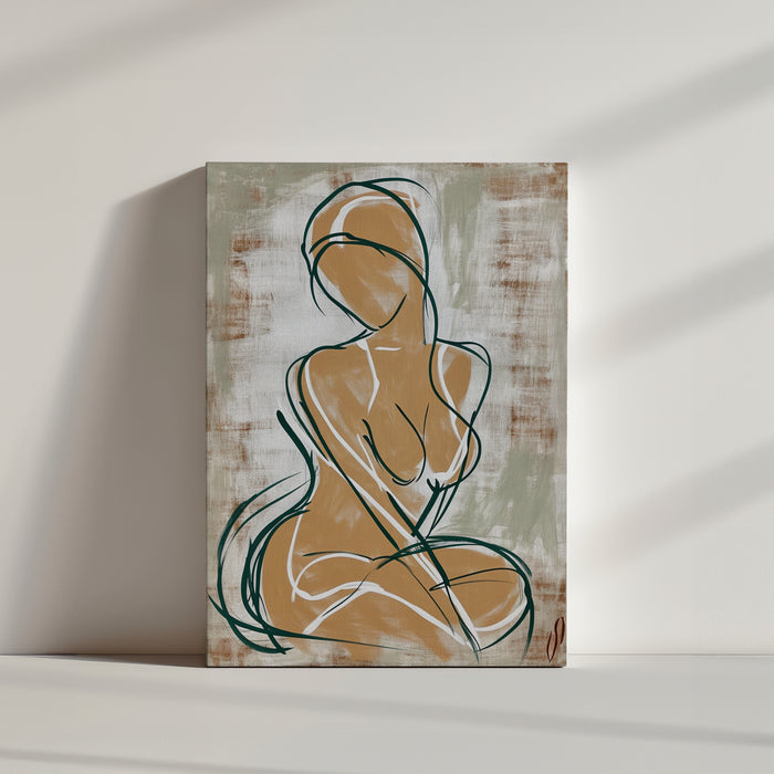 Line art portrait of a woman on canvas with soft, neutral tones – minimalist wall art