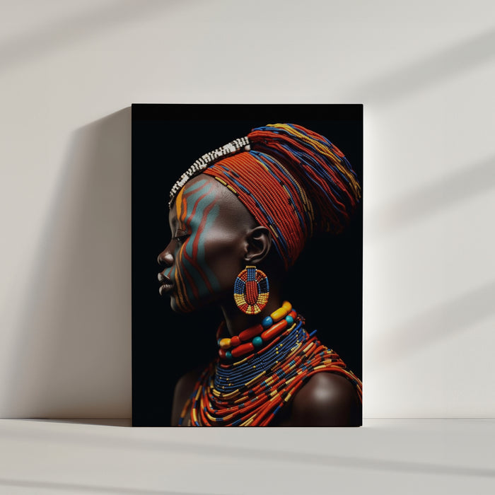 le tableau de Profil d'une femme noire met en valeur l'identité et la force de la femme africaine, magnifiquement mise en lumière par une parure de perles rouges
