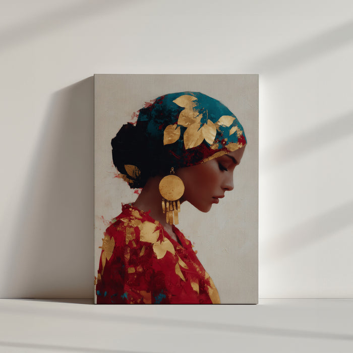 Female portrait with gold floral turban and ethnic jewelry