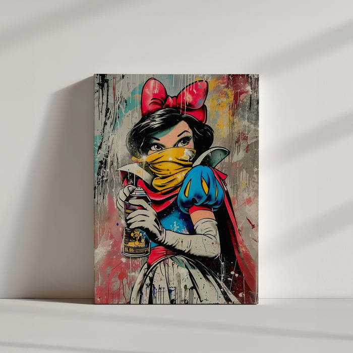 Colorful urban graffiti art of a princess holding a spray paint can, vibrant pop art