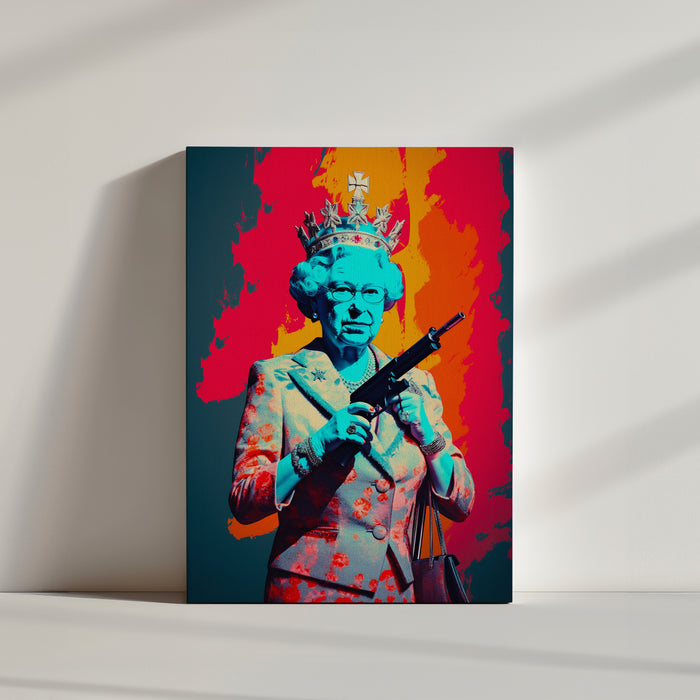 Vibrant pop art illustration of the British Queen in a gangster style