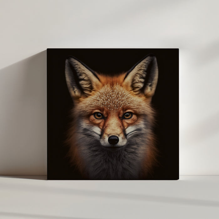 Tableau renard en portrait photographie sur fond noir, renard roux au pelage touffu