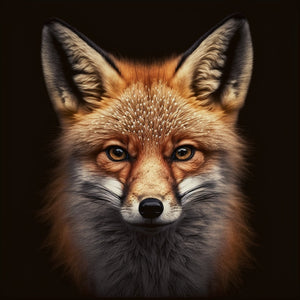Fox portrait art print on a black background, showcasing a red fox with lush fur.